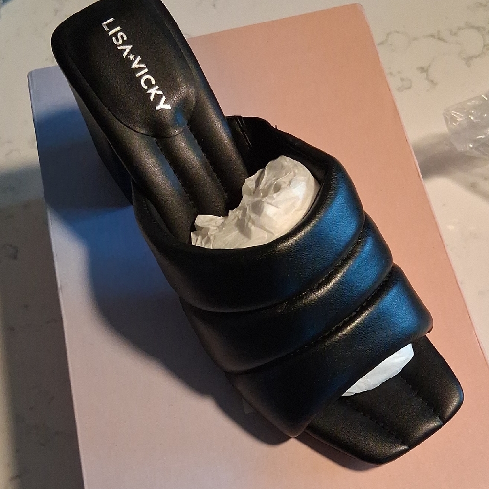 LISA VICKY Black Quilted Slide Mule